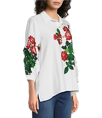 Ali Miles Woven Large Floral Point Collar 3/4 Cinched Sleeve Popover Top