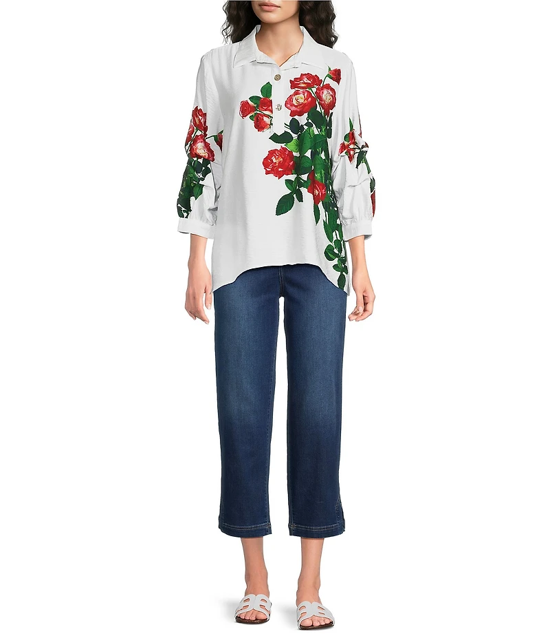 Ali Miles Woven Large Floral Point Collar 3/4 Cinched Sleeve Popover Top