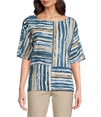 Ali Miles Woven Linen Blend Abstract Stripe Round Neck Elbow Sleeve Sharkbite Hem Tunic