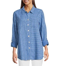 Ali Miles Woven Linen Blend Printed Point Collar 3/4 Roll-Tab Sleeve Button Front Shirt