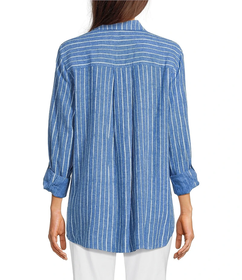 Ali Miles Woven Linen Blend Printed Point Collar 3/4 Roll-Tab Sleeve Button Front Shirt
