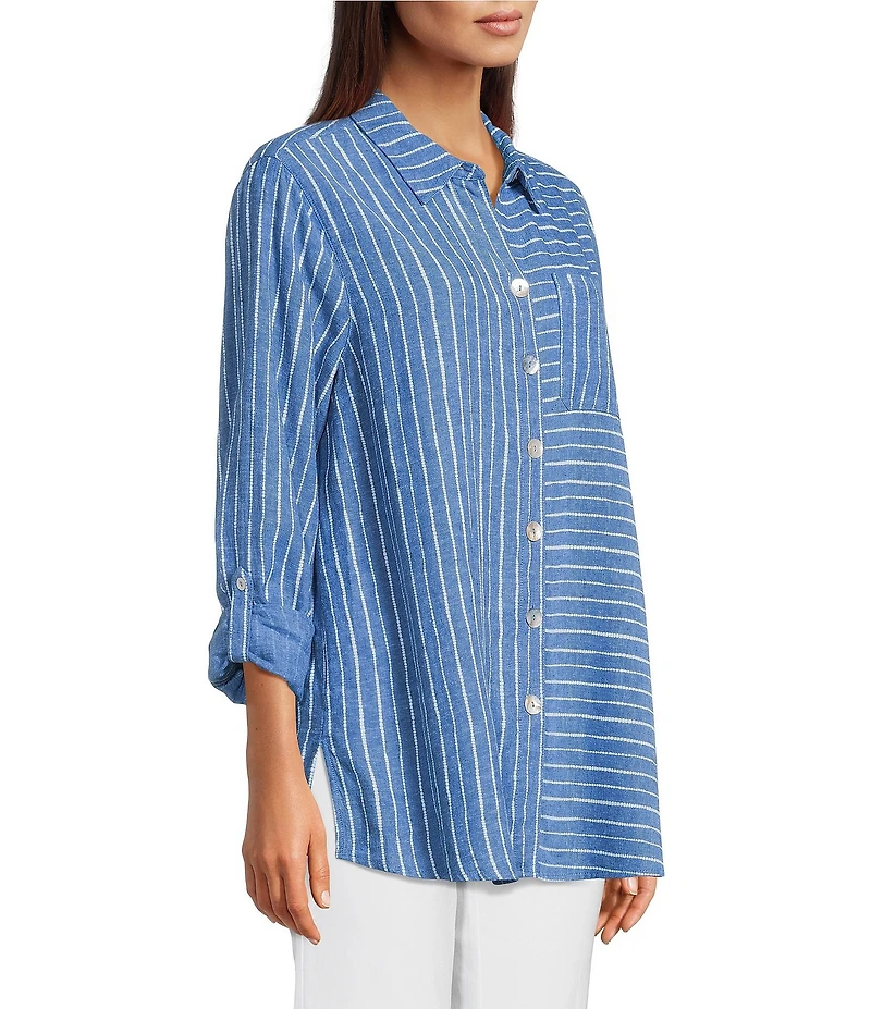 Ali Miles Woven Linen Blend Printed Point Collar 3/4 Roll-Tab Sleeve Button Front Shirt