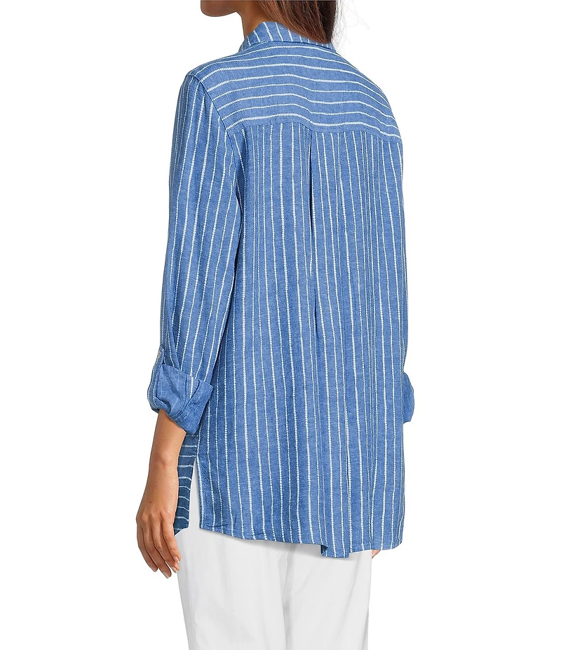 Ali Miles Woven Linen Blend Printed Point Collar 3/4 Roll-Tab Sleeve Button Front Shirt