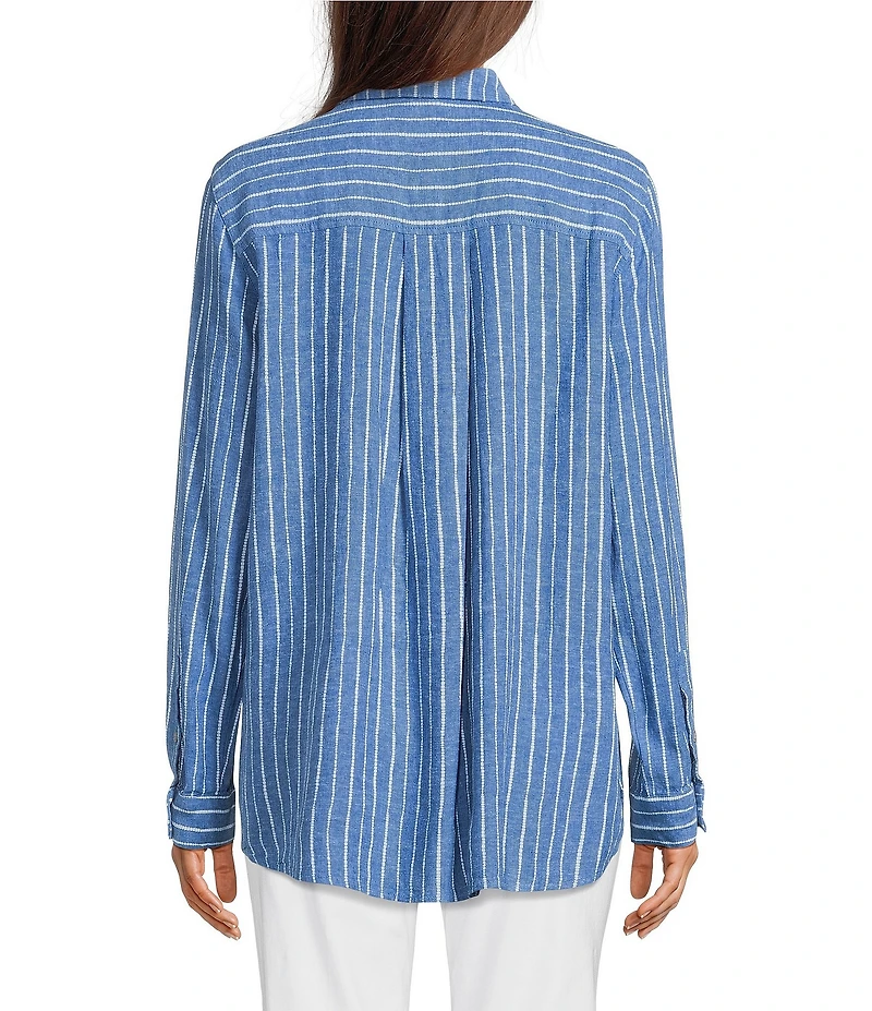 Ali Miles Woven Linen Blend Printed Point Collar 3/4 Roll-Tab Sleeve Button Front Shirt
