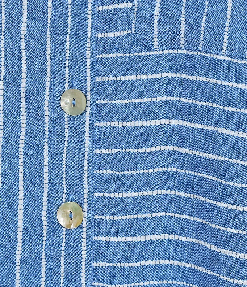 Ali Miles Woven Linen Blend Printed Point Collar 3/4 Roll-Tab Sleeve Button Front Shirt