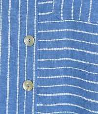 Ali Miles Woven Linen Blend Printed Point Collar 3/4 Roll-Tab Sleeve Button Front Shirt