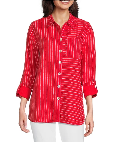 Ali Miles Woven Linen Blend Printed Point Collar 3/4 Roll-Tab Sleeve Button Front Shirt