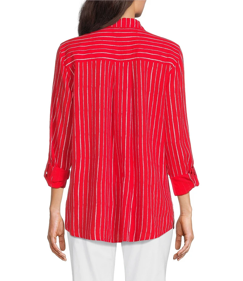 Ali Miles Woven Linen Blend Printed Point Collar 3/4 Roll-Tab Sleeve Button Front Shirt