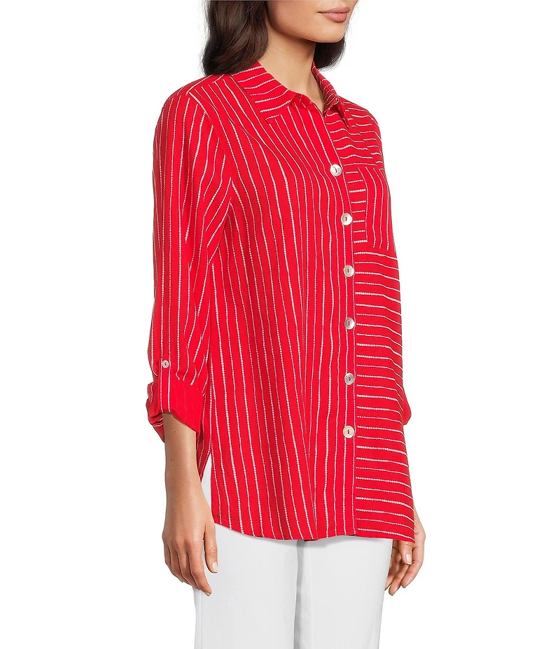 Ali Miles Woven Linen Blend Printed Point Collar 3/4 Roll-Tab Sleeve Button Front Shirt