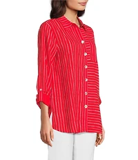Ali Miles Woven Linen Blend Printed Point Collar 3/4 Roll-Tab Sleeve Button Front Shirt