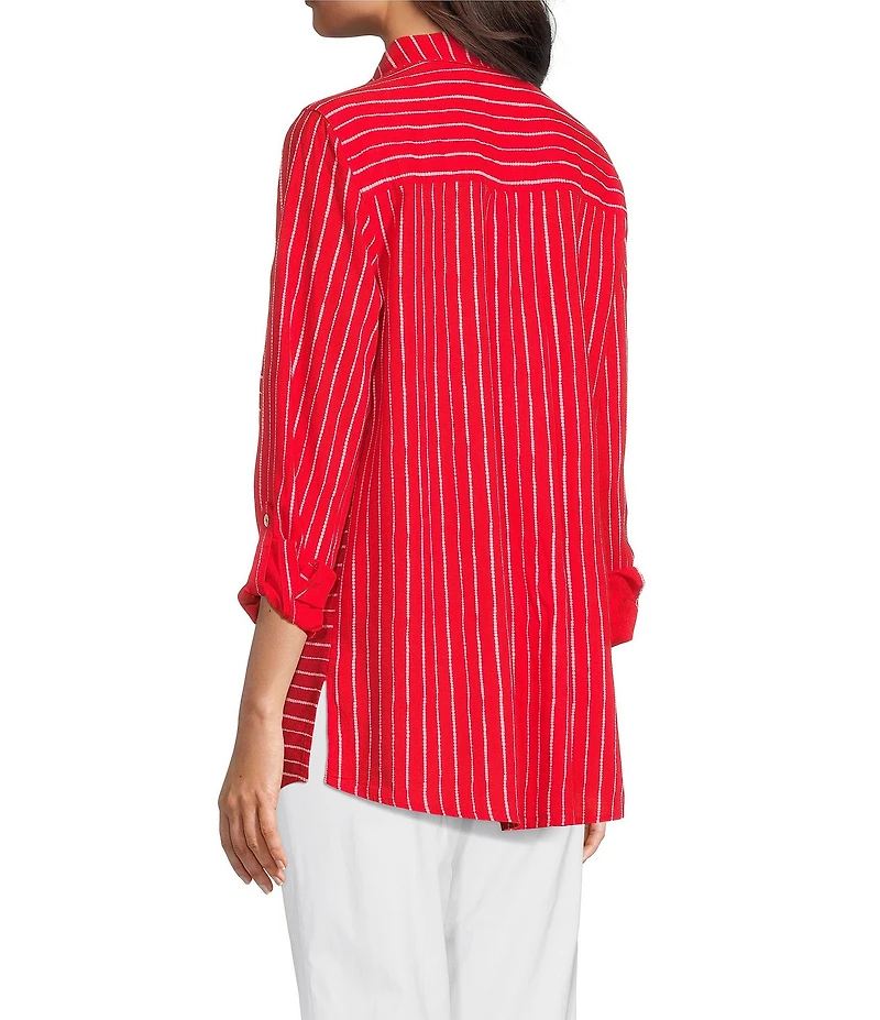 Ali Miles Woven Linen Blend Printed Point Collar 3/4 Roll-Tab Sleeve Button Front Shirt