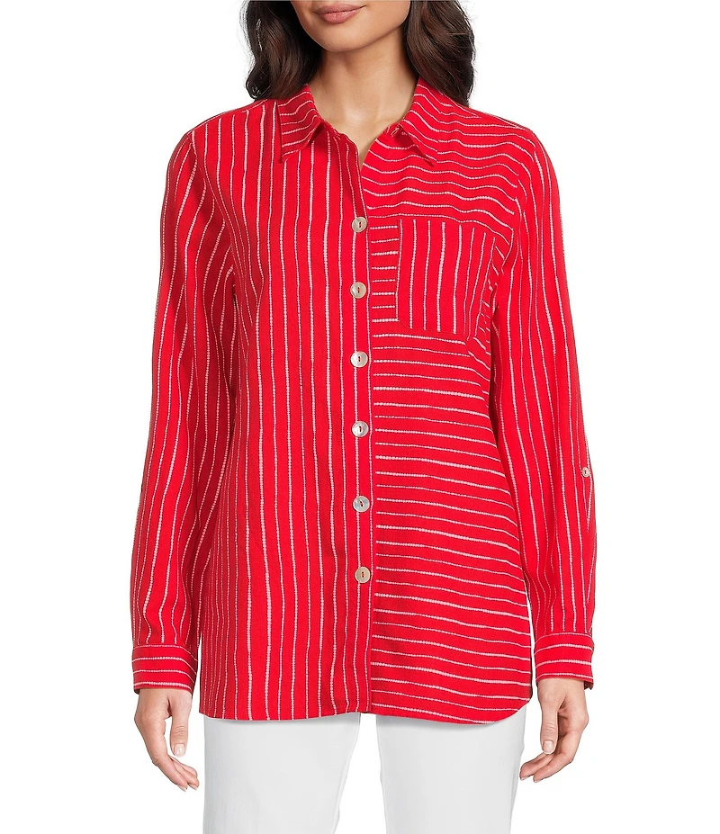 Ali Miles Woven Linen Blend Printed Point Collar 3/4 Roll-Tab Sleeve Button Front Shirt