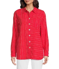 Ali Miles Woven Linen Blend Printed Point Collar 3/4 Roll-Tab Sleeve Button Front Shirt