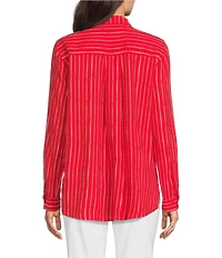 Ali Miles Woven Linen Blend Printed Point Collar 3/4 Roll-Tab Sleeve Button Front Shirt