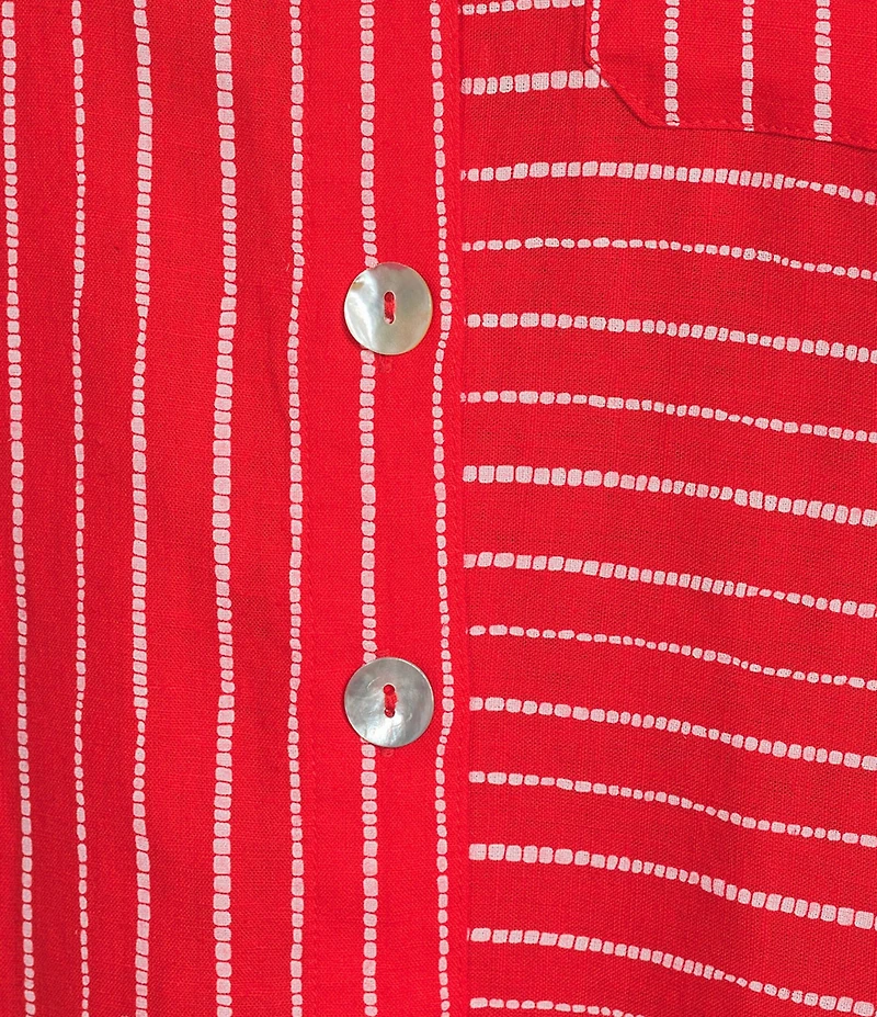 Ali Miles Woven Linen Blend Printed Point Collar 3/4 Roll-Tab Sleeve Button Front Shirt