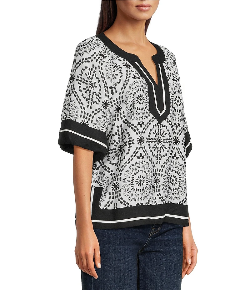 Ali Miles Woven Medallion Print Collared Split V-Neck Elbow Sleeve Contrast Trim Top