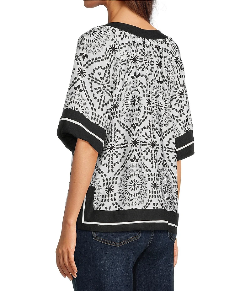 Ali Miles Woven Medallion Print Collared Split V-Neck Elbow Sleeve Contrast Trim Top