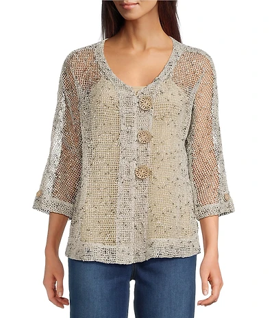 Ali Miles Woven Mesh Speckled V-Neck Elbow Length Sleeve Button Front Jacket