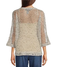 Ali Miles Woven Mesh Speckled V-Neck Elbow Length Sleeve Button Front Jacket