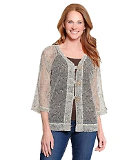 Ali Miles Woven Mesh Speckled V-Neck Elbow Length Sleeve Button Front Jacket