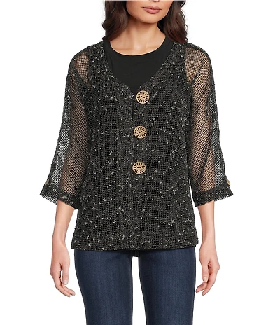 Ali Miles Woven Mesh Speckled V-Neck Elbow Length Sleeve Button Front Jacket