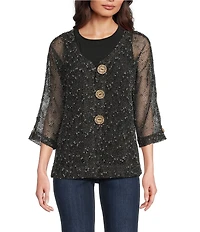 Ali Miles Woven Mesh Speckled V-Neck Elbow Length Sleeve Button Front Jacket