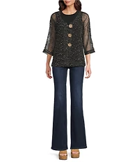 Ali Miles Woven Mesh Speckled V-Neck Elbow Length Sleeve Button Front Jacket