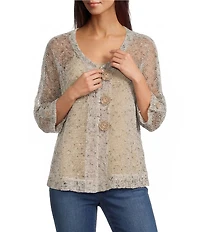 Ali Miles Woven Mesh Speckled V-Neck Elbow Length Sleeve Button Front Jacket