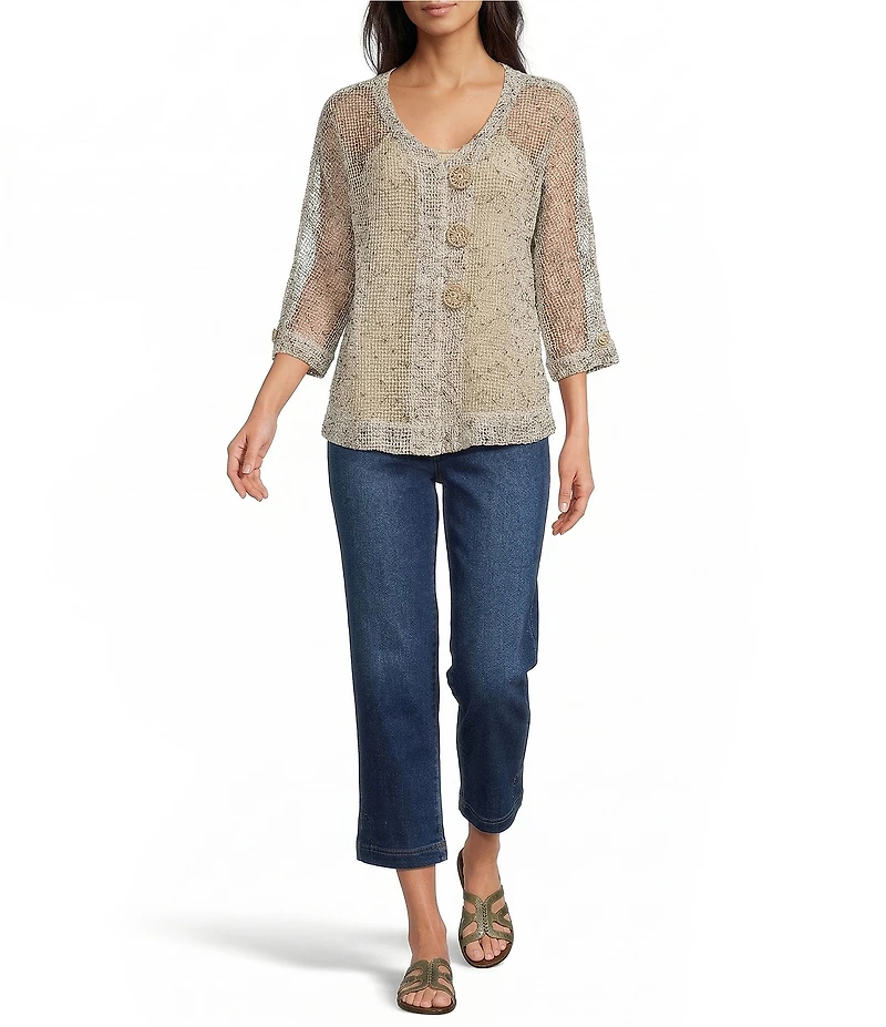 Ali Miles Woven Mesh Speckled V-Neck Elbow Length Sleeve Button Front Jacket