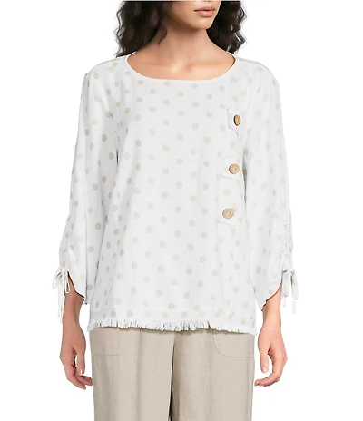 Ali Miles Woven Multi Dot Round Neck Short Sleeve Frayed Hem Tunic