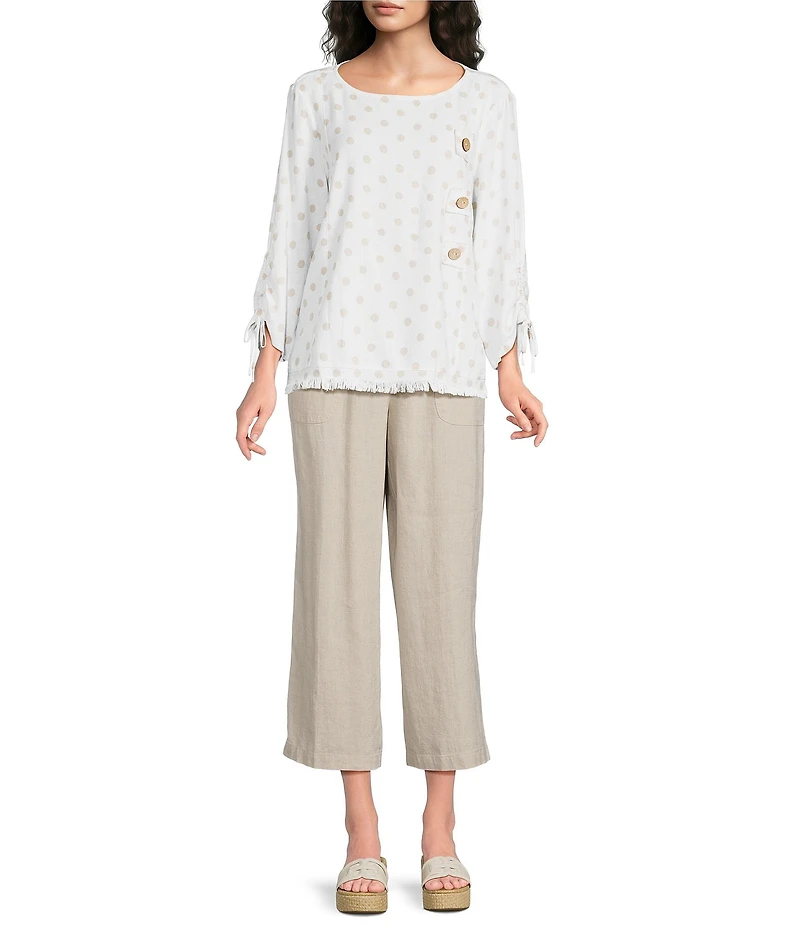 Ali Miles Woven Multi Dot Round Neck Short Sleeve Frayed Hem Tunic