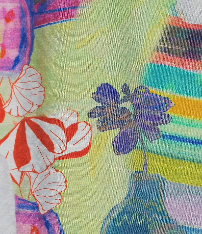 Ali Miles Woven Multi Square Print Point Collar 3/4 Cinched Sleeve Tie Front Tunic