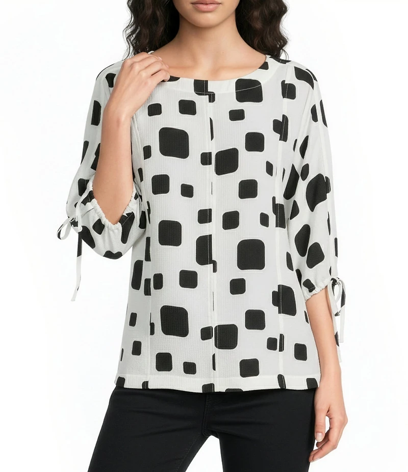 Ali Miles Woven Multi Square Print Round Neck 3/4 Sleeve Cinched Tie Cuff Pullover Top
