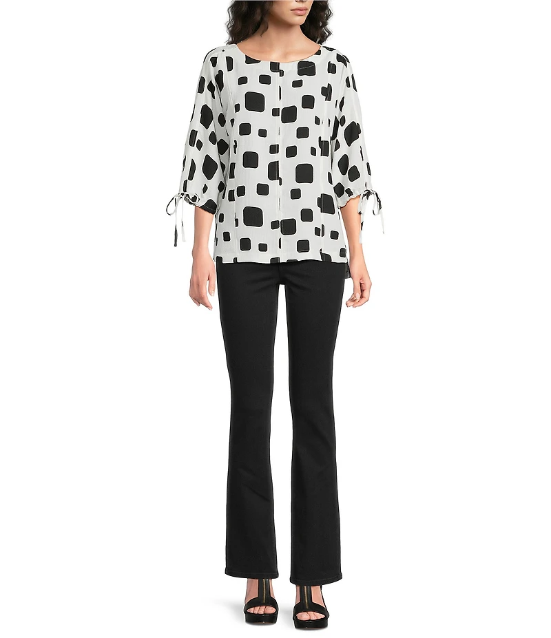 Ali Miles Woven Multi Square Print Round Neck 3/4 Sleeve Cinched Tie Cuff Pullover Top