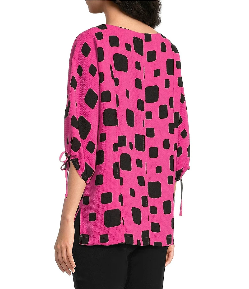 Ali Miles Woven Multi Square Print Round Neck 3/4 Sleeve Cinched Tie Cuff Pullover Top