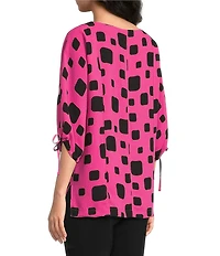 Ali Miles Woven Multi Square Print Round Neck 3/4 Sleeve Cinched Tie Cuff Pullover Top