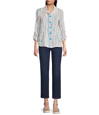 Ali Miles Woven Multi Stripe Point Collar 3/4 Cinched Tie Sleeve Button Front Tunic