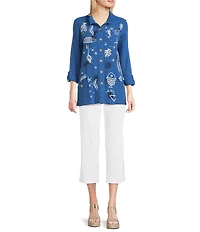 Ali Miles Woven Novelty Abstract Fish Print Wire Collar 3/4 Roll-Tab Sleeve Button Front Tunic