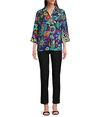 Ali Miles Woven Paisley Floral Multi Print Collared V-Neck 3/4 Sleeve Tunic