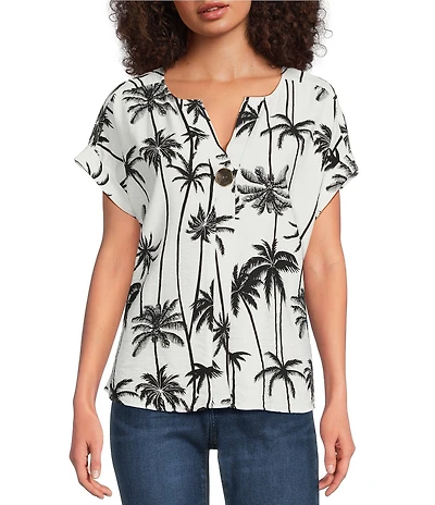 Ali Miles Woven Palm Beach Split V-Neck Short Dolman Sleeve Top