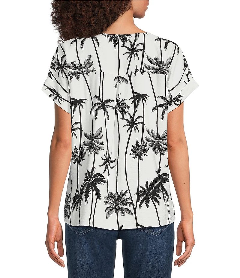 Ali Miles Woven Palm Beach Split V-Neck Short Dolman Sleeve Top