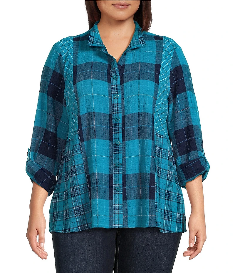 Ali Miles Woven Plaid Multi Print Point Collar 3/4 Roll-Tab Sleeve Button-Front Tunic