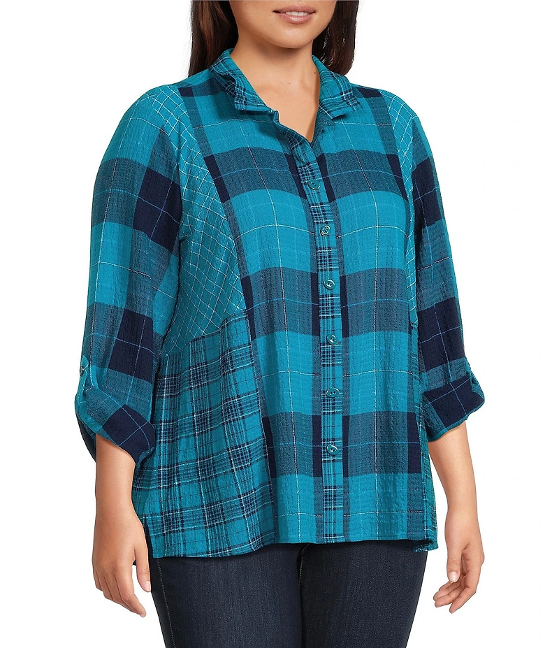 Ali Miles Woven Plaid Multi Print Point Collar 3/4 Roll-Tab Sleeve Button-Front Tunic