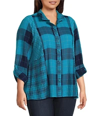 Ali Miles Woven Plaid Multi Print Point Collar 3/4 Roll-Tab Sleeve Button-Front Tunic