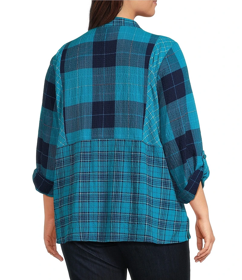 Ali Miles Woven Plaid Multi Print Point Collar 3/4 Roll-Tab Sleeve Button-Front Tunic