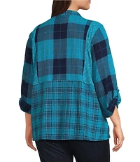 Ali Miles Woven Plaid Multi Print Point Collar 3/4 Roll-Tab Sleeve Button-Front Tunic