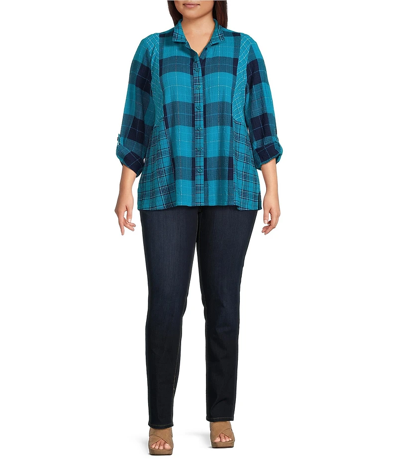 Ali Miles Woven Plaid Multi Print Point Collar 3/4 Roll-Tab Sleeve Button-Front Tunic