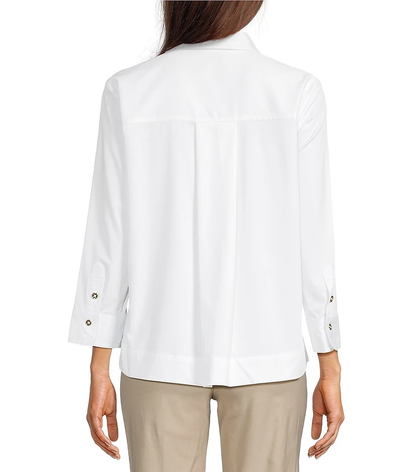 Ali Miles Woven Point Collar 3/4 Sleeves Quarter Zip-Up Tunic