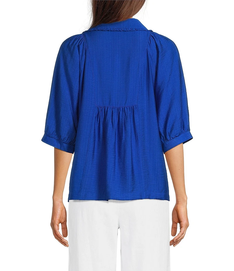 Ali Miles Woven Point Collar Shirred Split Neck Elbow Length Raglan Sleeve Popover Top