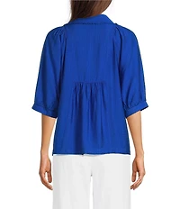 Ali Miles Woven Point Collar Shirred Split Neck Elbow Length Raglan Sleeve Popover Top